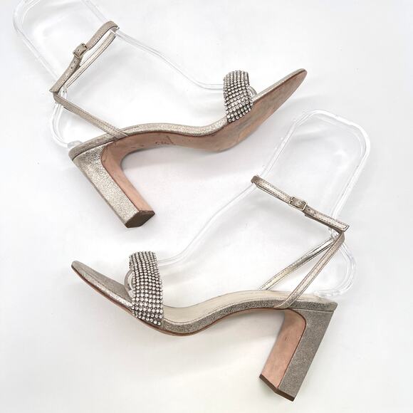 LOEFFLER RANDAL Shay Rhinestone Ankle Strap Sandal Women 9.5 Gold Silver Leather - Picture 4 of 11